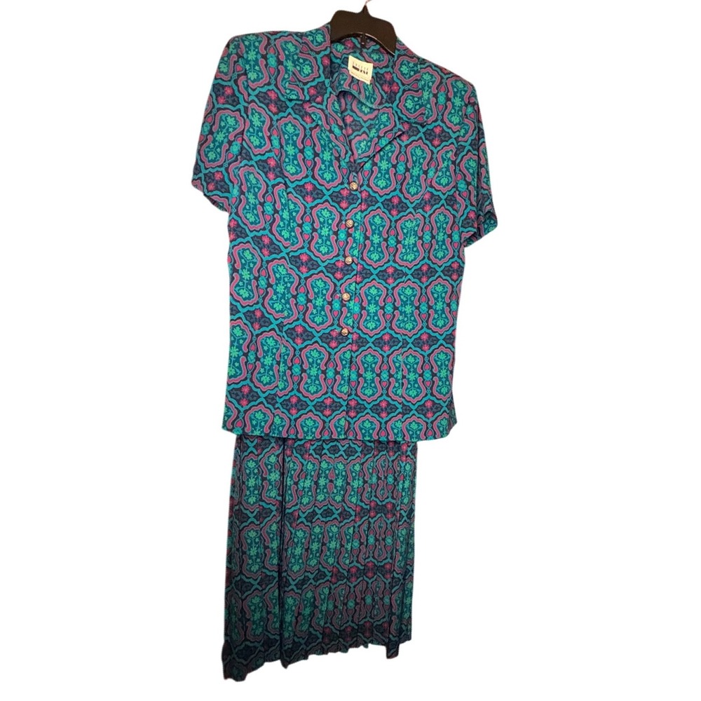 Vintage 80s Leslie Fay Paisley Two Piece Teal & Magenta Retro Matching Outfit 14